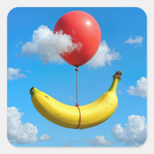 Ripe Banana Floating In Sky with Red Balloon Square Sticker