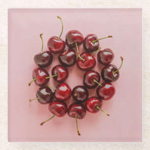 Ripe Cherries Pink Square Glass Coaster