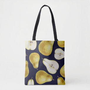 Ripe pear, black background, garden art tote bag