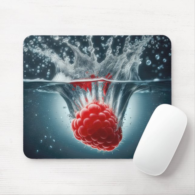 Ripe Raspberry Splashing Into Water Mouse Mat (With Mouse)