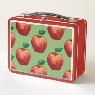 Ripe red apples pattern on green background metal lunch box
