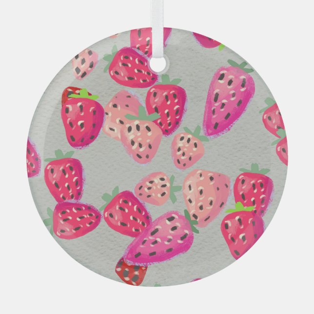 Ripe Strawberry Hand Drawn Texture Glass Tree Decoration (Front)