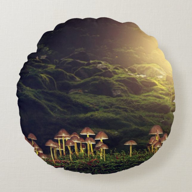 Ripe Wild Mushrooms in the Forest Round Cushion (Front)