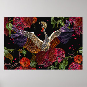 Ripened pomegranate fruits, crane birds and wild r poster