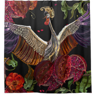 Ripened pomegranate fruits, crane birds and wild r shower curtain