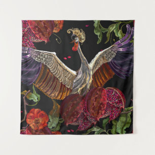 Ripened pomegranate fruits, crane birds and wild r tapestry