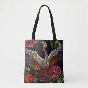 Ripened pomegranate fruits, crane birds and wild r tote bag