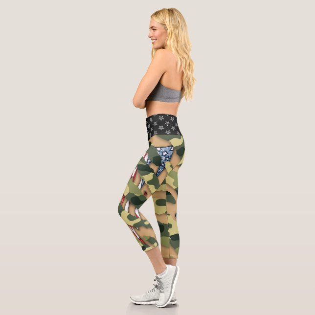 Ripped camouflage green, and a USA flag. Capri Leggings (Left)