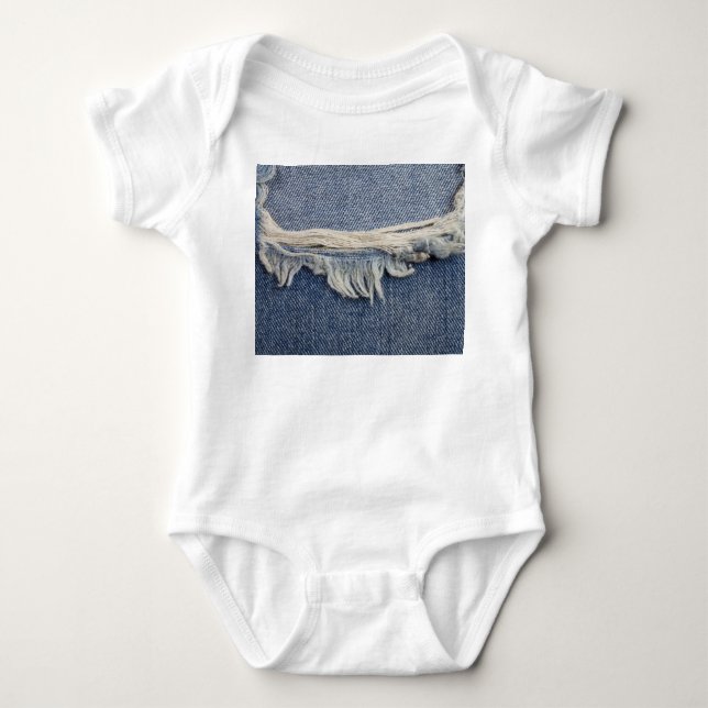 Ripped jeans texture, stylish background. baby bodysuit (Front)
