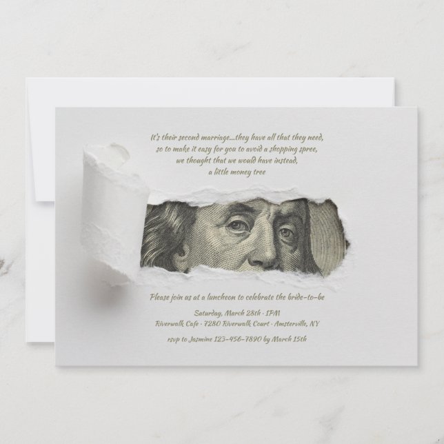 Ripped Paper Revealing Dollar Bill Invitation (Front)