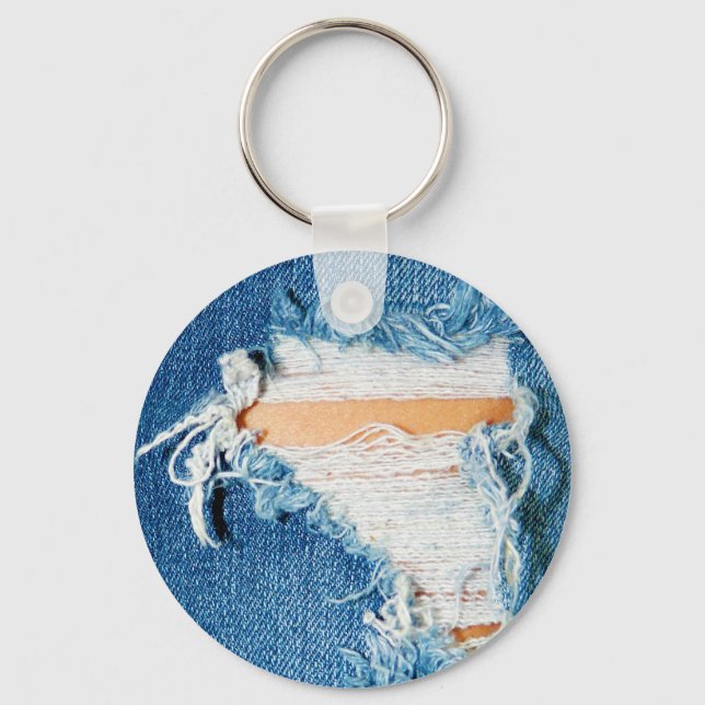 Ripped Torn Denim Blue Jeans Key Ring (Front)
