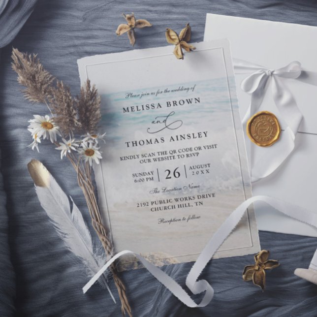 Rippled Sand Aqua Water Modern QR Code Wedding Invitation (Creator Uploaded)