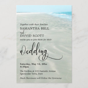 Rippled Sand Aqua Water Photo Modern Beach Wedding Invitation