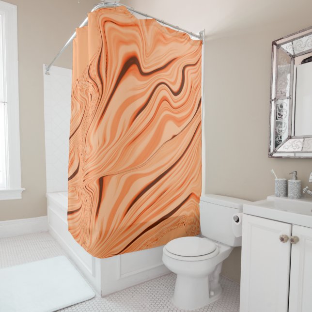 Ripples in shades of orange, curved brown cylinder shower curtain (In Situ)