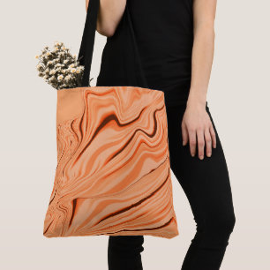 Ripples in shades of orange, curved brown cylinder tote bag