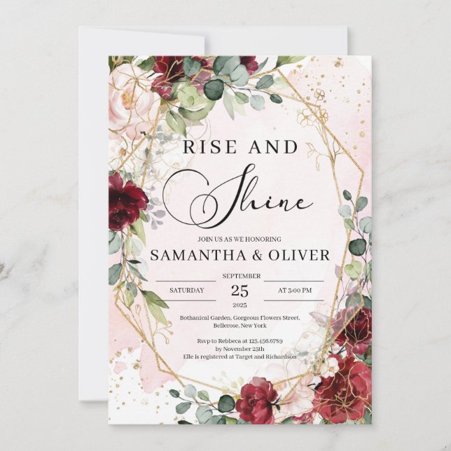 Rise and shine burgundy and gold geometric wedding invitation (Front)