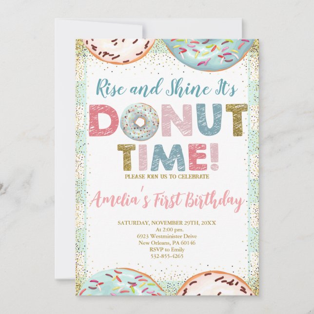 Rise and Shine it's Doughnut Time First Birthday Invitation (Front)