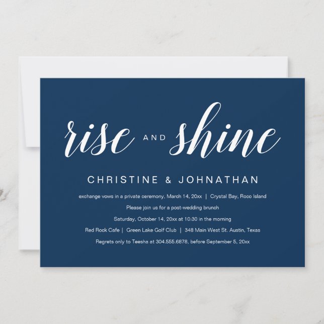 Rise and Shine, Navy Blue Wedding Elopement Invita Invitation (Front)