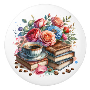 Rise and Shine Vintage Coffee Cup and Flowers Ceramic Knob