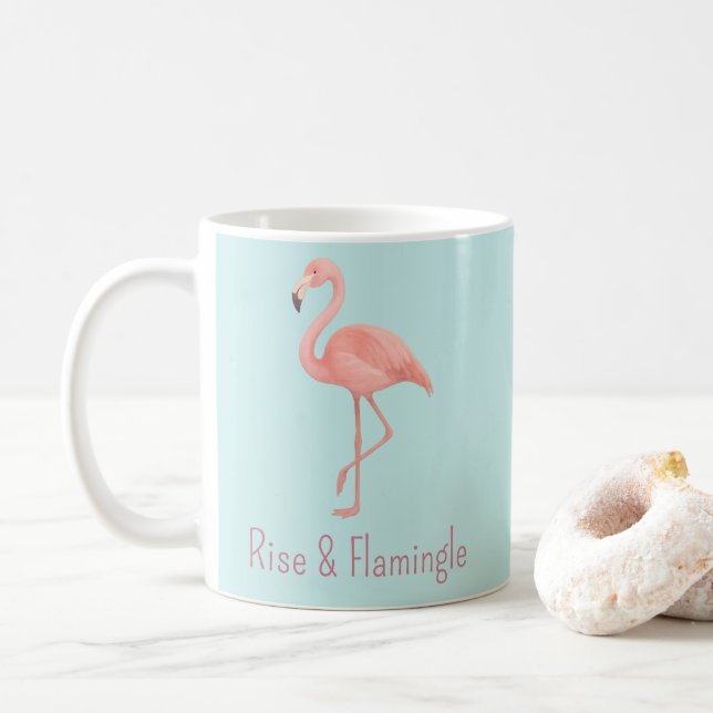 Rise & Flamingle Pink Flamingo – Light Blue  Coffee Mug (With Donut)