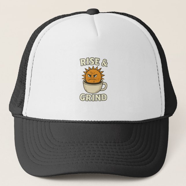 Rise & Grind - Motivational Coffee Mug & Sun Graph Trucker Hat (Front)
