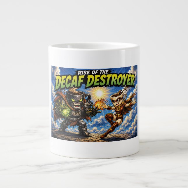 Rise of the Decaf Destroyer Coffee Superhero Comic Large Coffee Mug (Front)