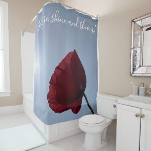 Rise, shine, bloom, red poppy shower curtain