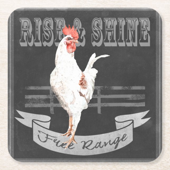 Rise & Shine Rooster Square Paper Coaster (Front)