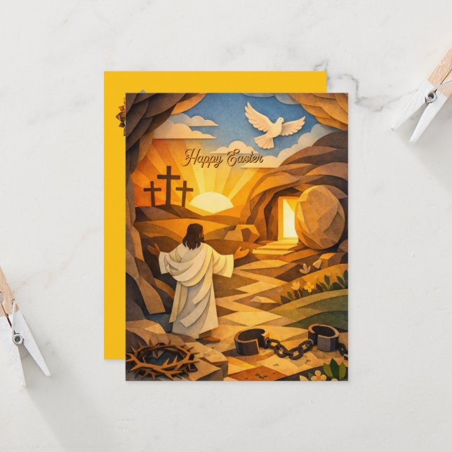 Risen Jesus Empty Tomb 3D Easter Flat Card (Front/Back In Situ)