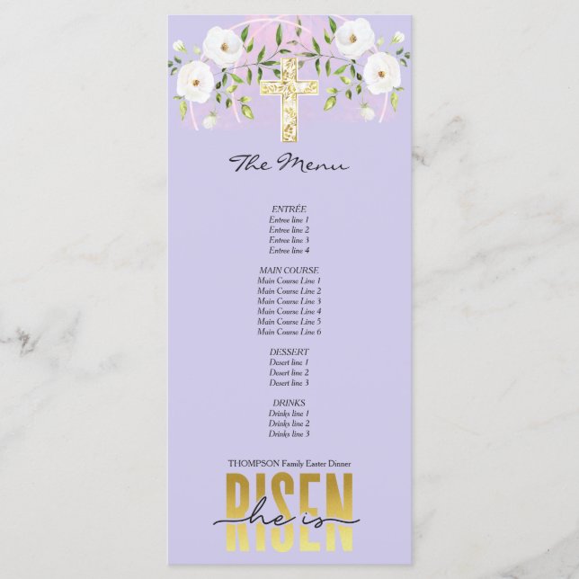 Risen Religious Christian Quote Lavender Easter Menu (Front)