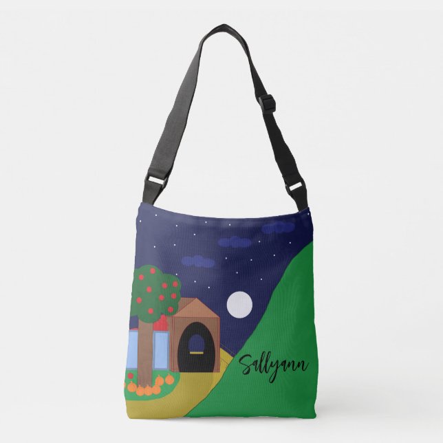 Rising Moon with Apple Tree and Mountain: Crossbody Bag (Front)