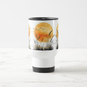 Rising Shining Sun Birds Beach Grass Travel Mug
