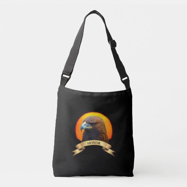 Rising sun, golden eagle & ribbon with honour text crossbody bag (Front)