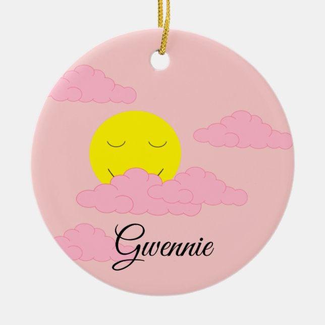Rising Sun with Puffy Clouds:  Hazy, Pink Ceramic Tree Decoration (Front)