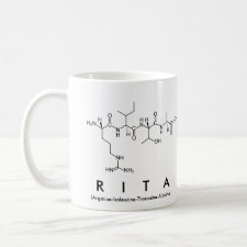 Mug featuring the name Rita spelled out in the single letter amino acid code
