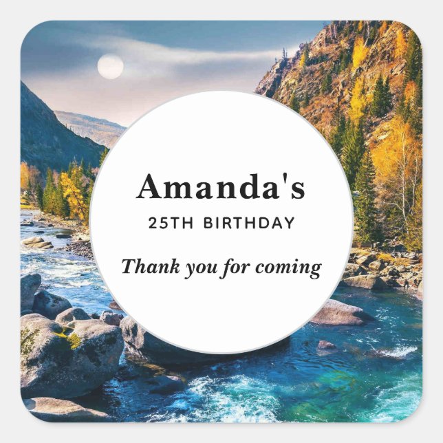 River and Mountains Scenic Birthday Thank You Square Sticker (Front)