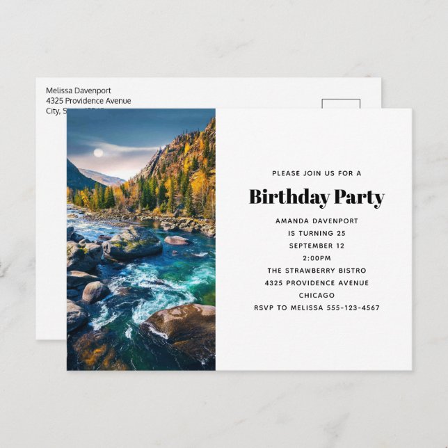 River and Mountains Scenic Photo Birthday Invitation Postcard (Front/Back)