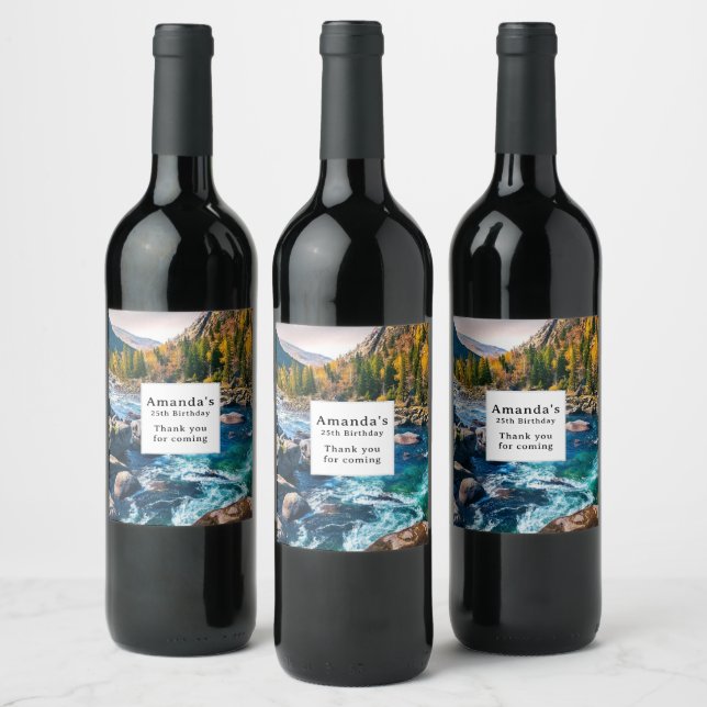 River and Mountains Scenic Photo Birthday Wine Label (Bottles)