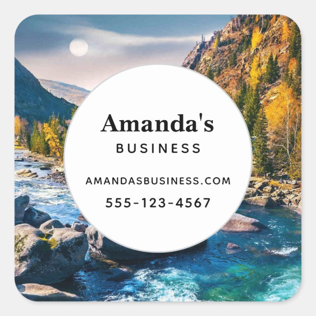 River and Mountains Scenic Photo Business Square Sticker (Front)