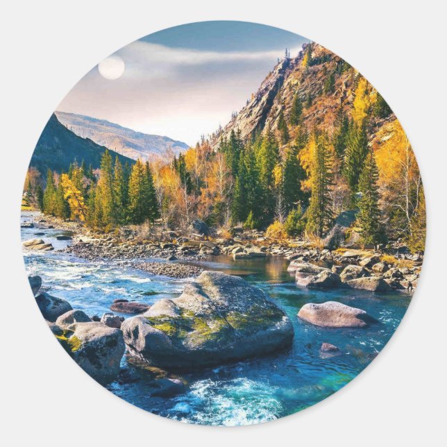 River and Mountains Scenic Photo Classic Round Sticker (Front)
