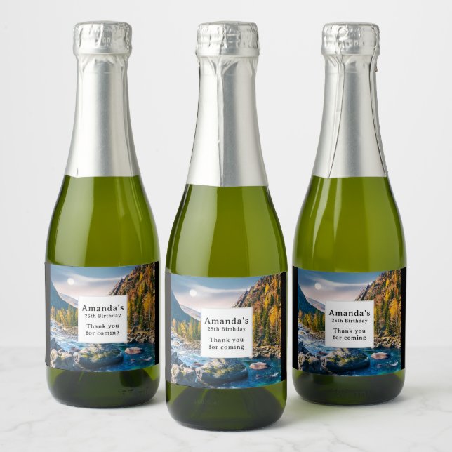 River and Mountains Scenic Photo Party Thank You Sparkling Wine Label (Bottles)
