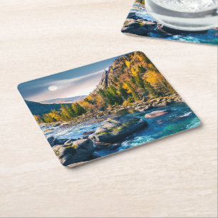 River and Mountains Scenic Photo Square Paper Coaster