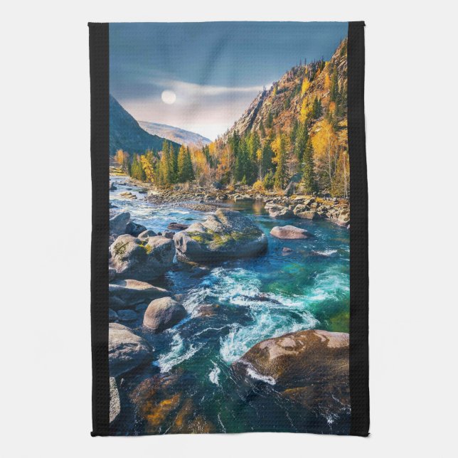 River and Mountains Scenic Photo Tea Towel (Vertical)
