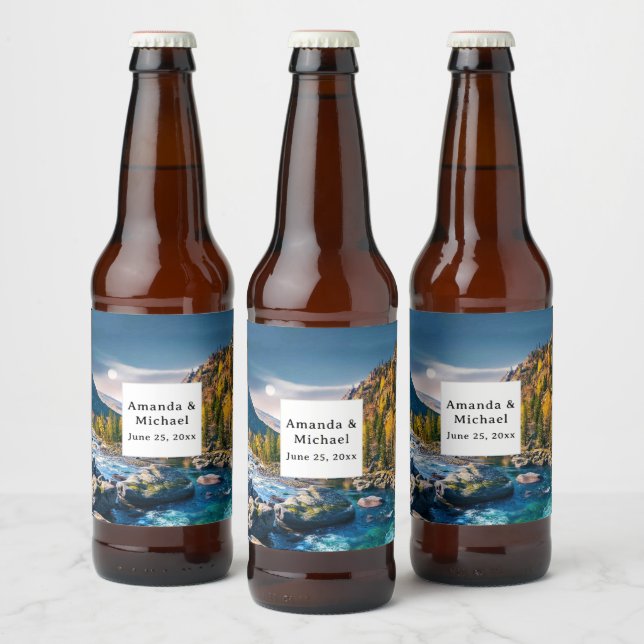 River and Mountains Scenic Photo Wedding Beer Bottle Label (Bottles)
