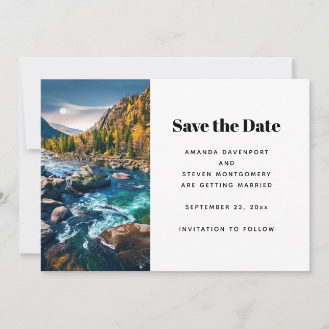 River and Mountains Scenic Photo Wedding Save The Date (Front)