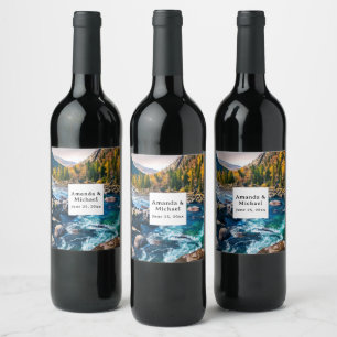 River and Mountains Scenic Photo Wedding Wine Label