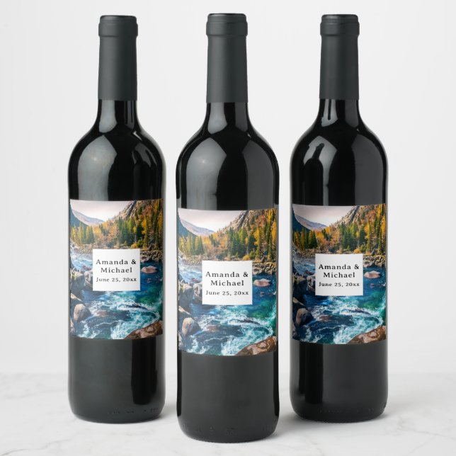 River and Mountains Scenic Photo Wedding Wine Label (Bottles)