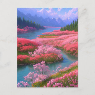 River and Pink Flowers in a Mountainous Valley Postcard