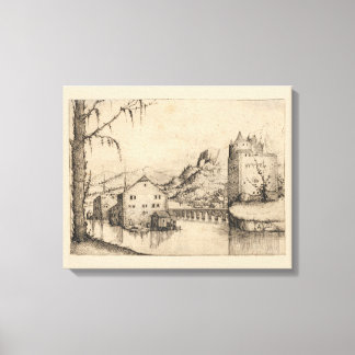 River & Buildings - 16th Century German Ink Print