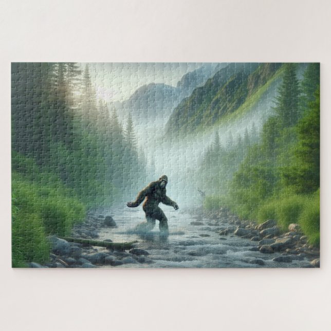 River Crossing Bigfoot, Bigfoot, serene forest Jigsaw Puzzle (Horizontal)